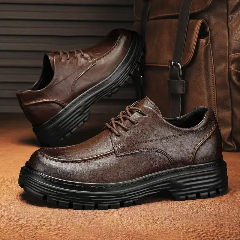 

Мужская весенне-осенняя кожаная повседневная рабочая обувь на толстой подошве, нескользящая, высокого качества, с низким верхом, с круглым носком, на шнуровке, деловая повседневная обувь