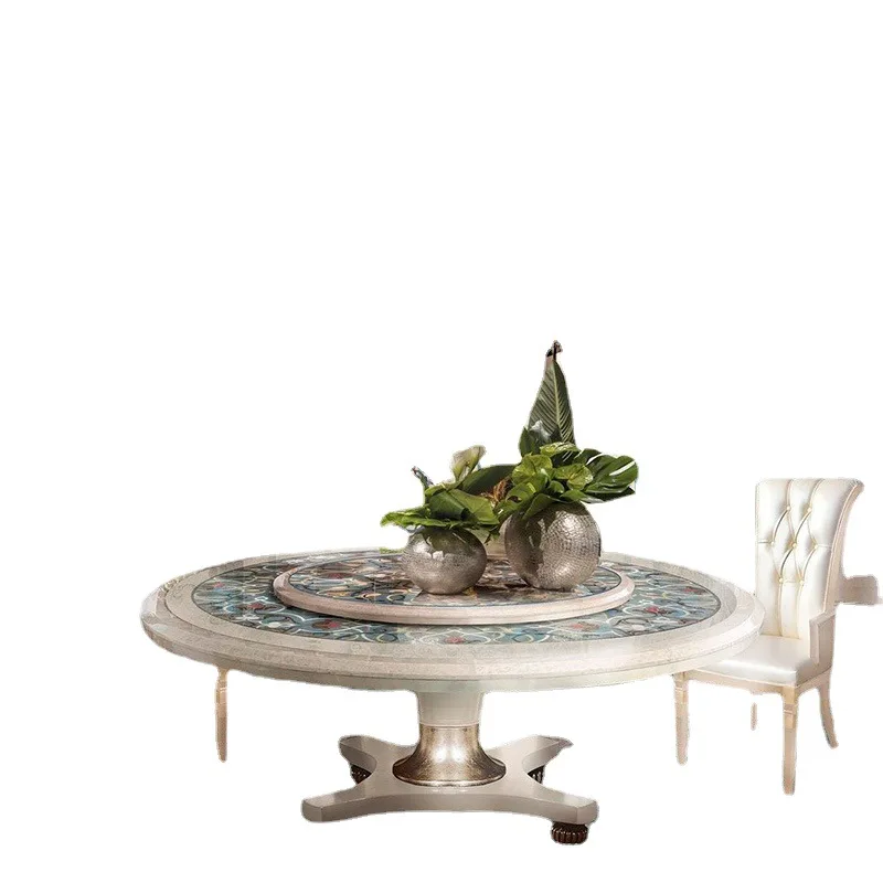 Carved inlaid shell parquet round dining table and chair combination household European dining table
