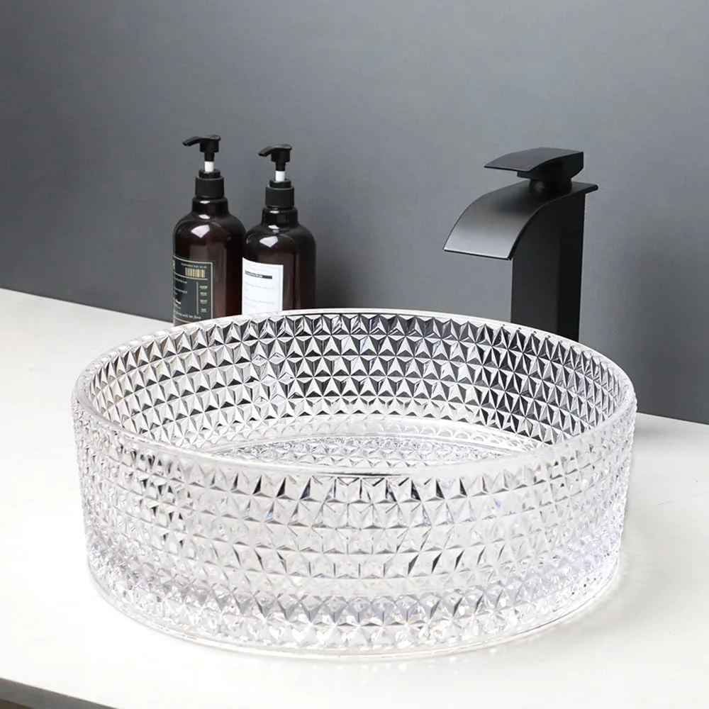

KEMAIDI 16 Inch Crystal Bathroom Vessel Sink with Faucet Clear Tempered Glass Vessel Sink Above Counter Sink Bowl Art Basin