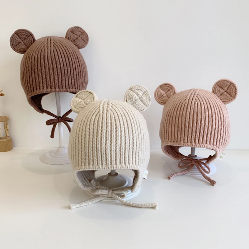 Cute Baby Hat With Ears Autumn Winter Toddler Boys Girls Knitted Beanie Solid Color Infant Kids Warm Earflap Cap