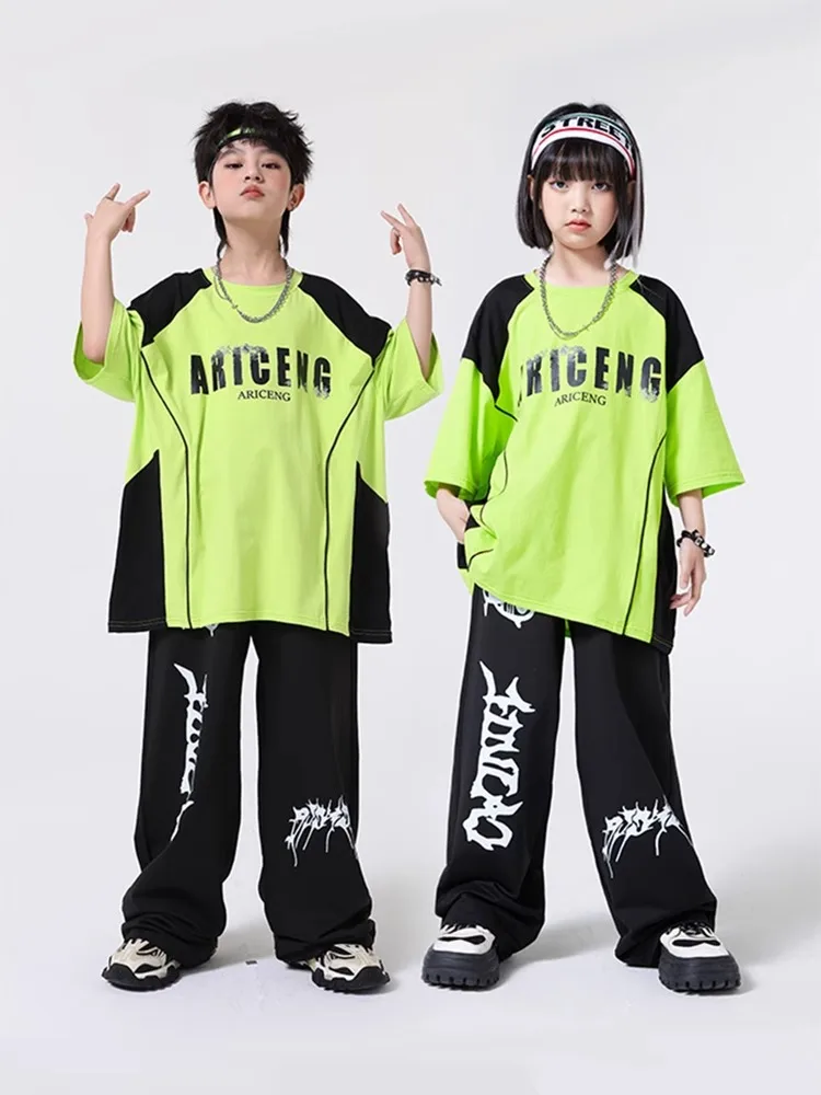 Ropa de Hip Hop Kpop para chico, camiseta gráfica verde, pantalones de chándal anchos informales con estampado negro para niña y niño, traje de baile de Jazz