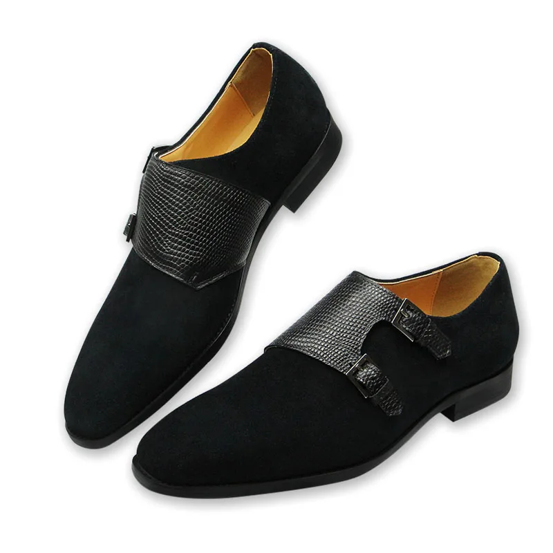 Black Elegant Cow Suede Monk Autumn Men Leather Shoes Single Fashion Classic Buckle Handmade Characteristic Adult Loafers