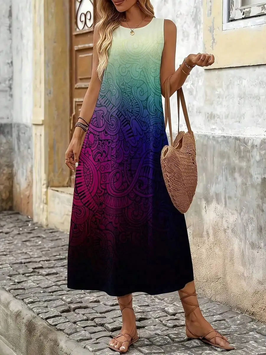 

Color Gradient Mandala Print Sleeveless Midi Dress Women Boho Summer Casual Outfit