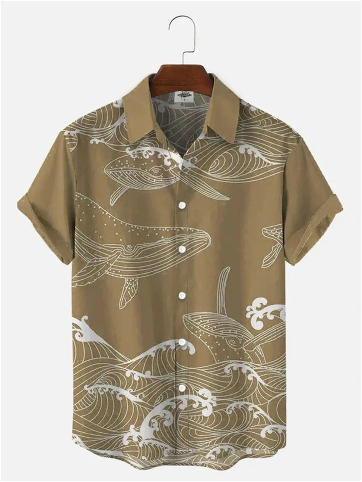 Hawaiian Men\'s Short Sleeve Shirt Whale Spray Print Beach Fashion Men\'s Lapel Top 2024 New Large Size Casual Men\'s Shirt