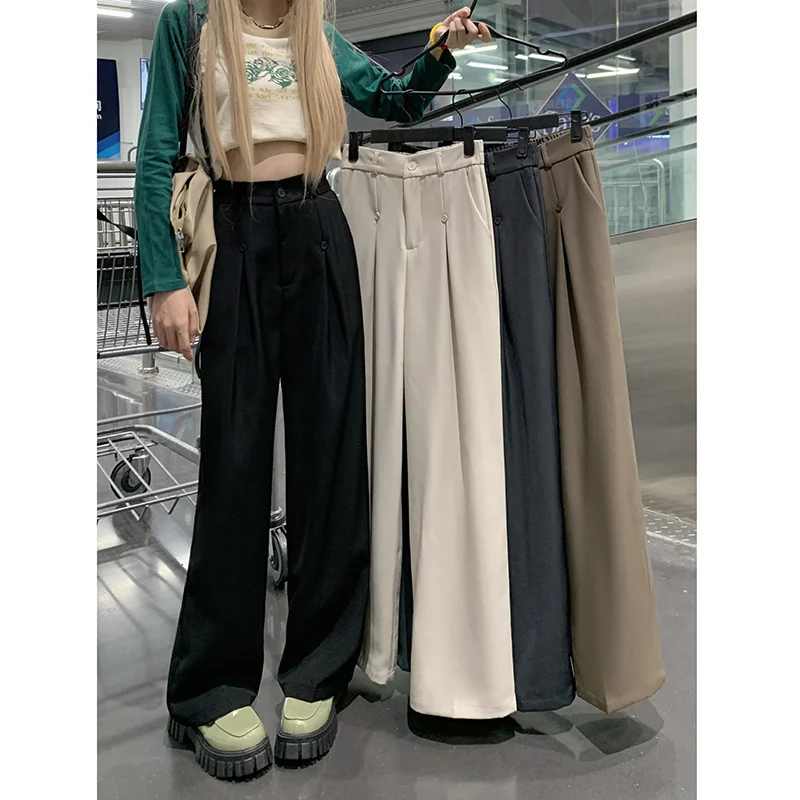 Pantalones informales blancos y negros para mujer, traje de pierna recta de cintura alta, pantalones holgados de pierna ancha, primavera y otoño