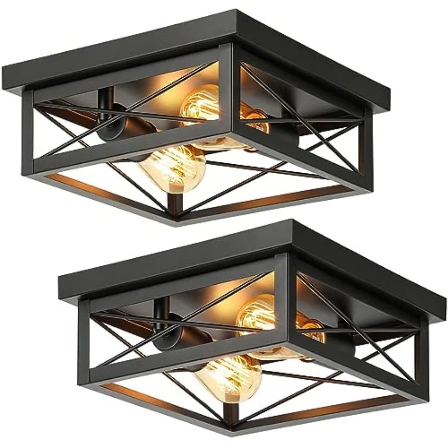 2-Light Industrial Square Flush Mount Ceiling Light, Farmhouse Ceiling Light Fixture for Kitchen, Modern Close to Ceiling Light