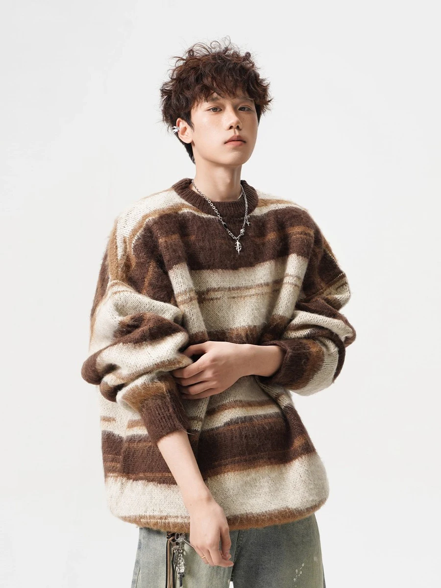

American Retro Striped Color Blo round Ne Knitted Sweater Men's Loose Casual Winter Warm Base irt Couple's Sweater