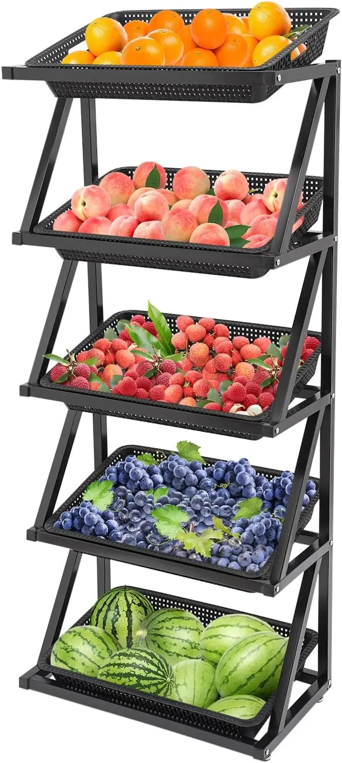 5 Tier Utility Storage Shelves Market Shelf Fruit Vegetable Rack Multi-Functional Counter Snack And Chip Holder For Kitchen