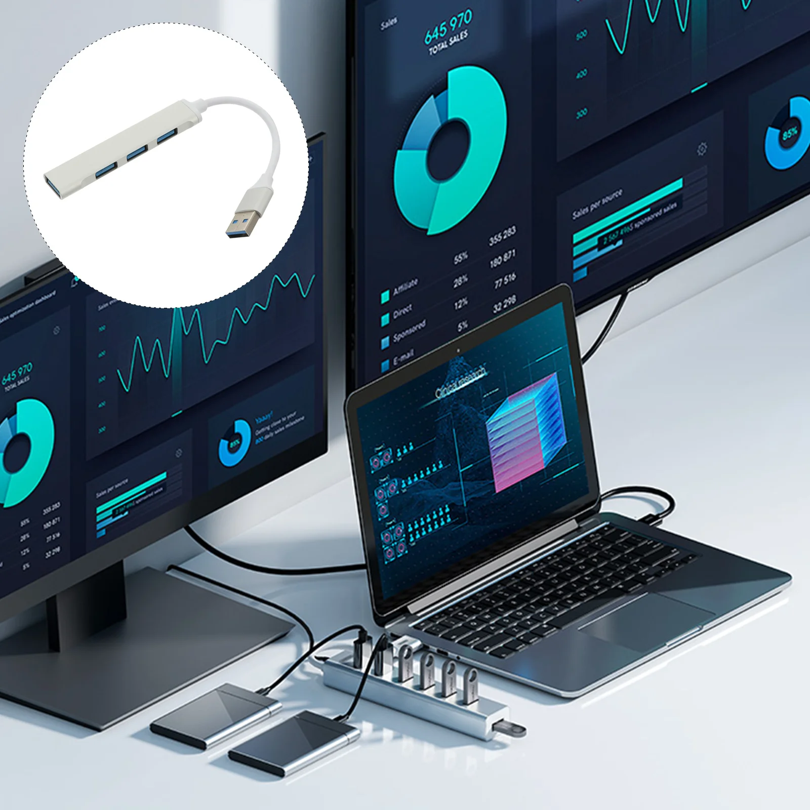 

1pc Port Aluminum Multifunction Alloy Portable Data Usb Portable Data Hub For Laptop Desktop Multi-Port Usb Hub