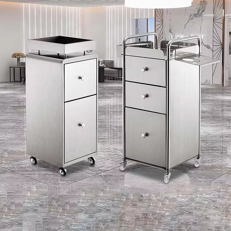 

Серебристая тележка из нержавеющей стали для парикмахерских инструментов, металлический шкаф для хранения в салоне красоты и для использования в домашней гостиной