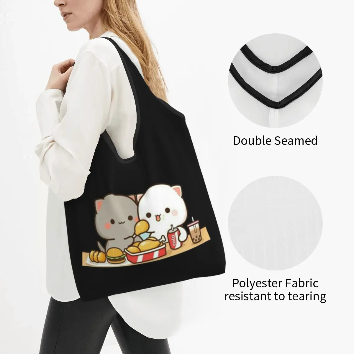 Custom Funny Peach And Goma Mochi Cat Shopping Tote Bags Portable Grocery Shoulder Shopper Bag