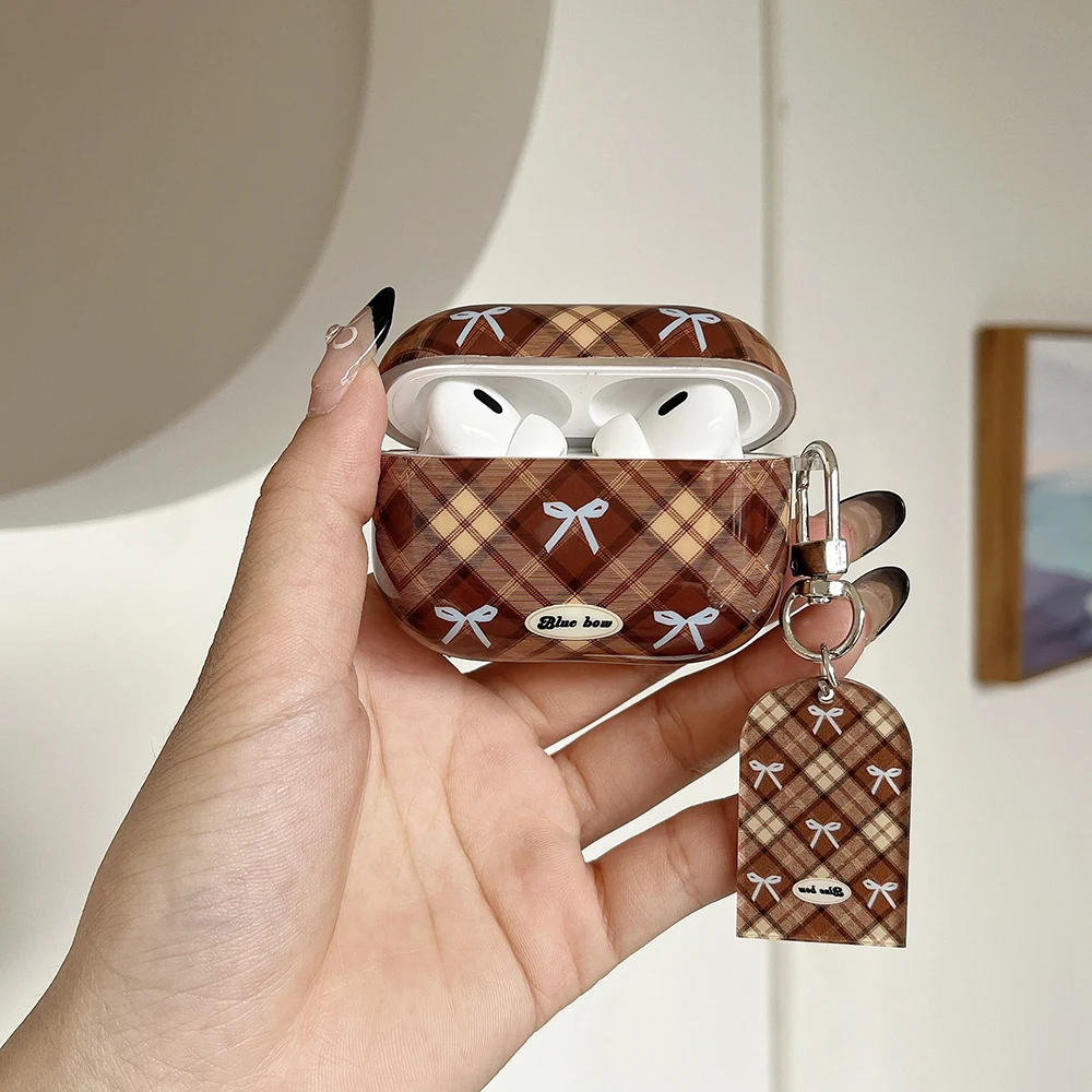 Ins Girl Brown Plaid Bow Pattern Keychain Tag Shockproof Headphone Case for AirPods 1 2 Pro 3 4 Anti-drop Hard PC Case