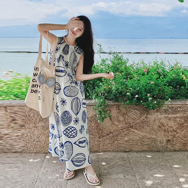 Vestido sem mangas longo para férias, roupa das férias do verão, acolhedor, solto, para viagens