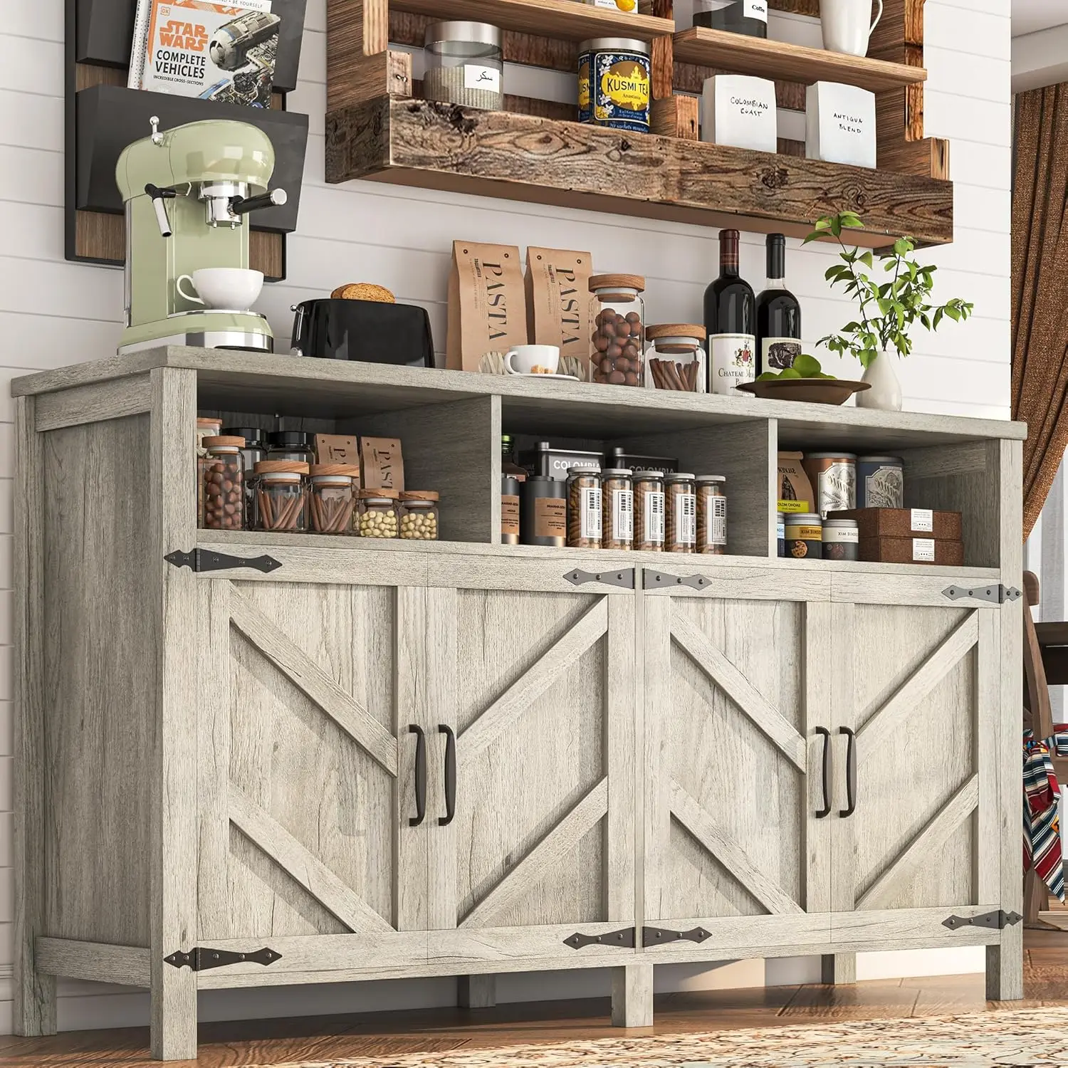 

Buffet Cabinet with Storage Farmhouse with 4 Doors, 55'' Large Kitchen Storage Cabinet Wood Coffee Bar Buffet Sideboard