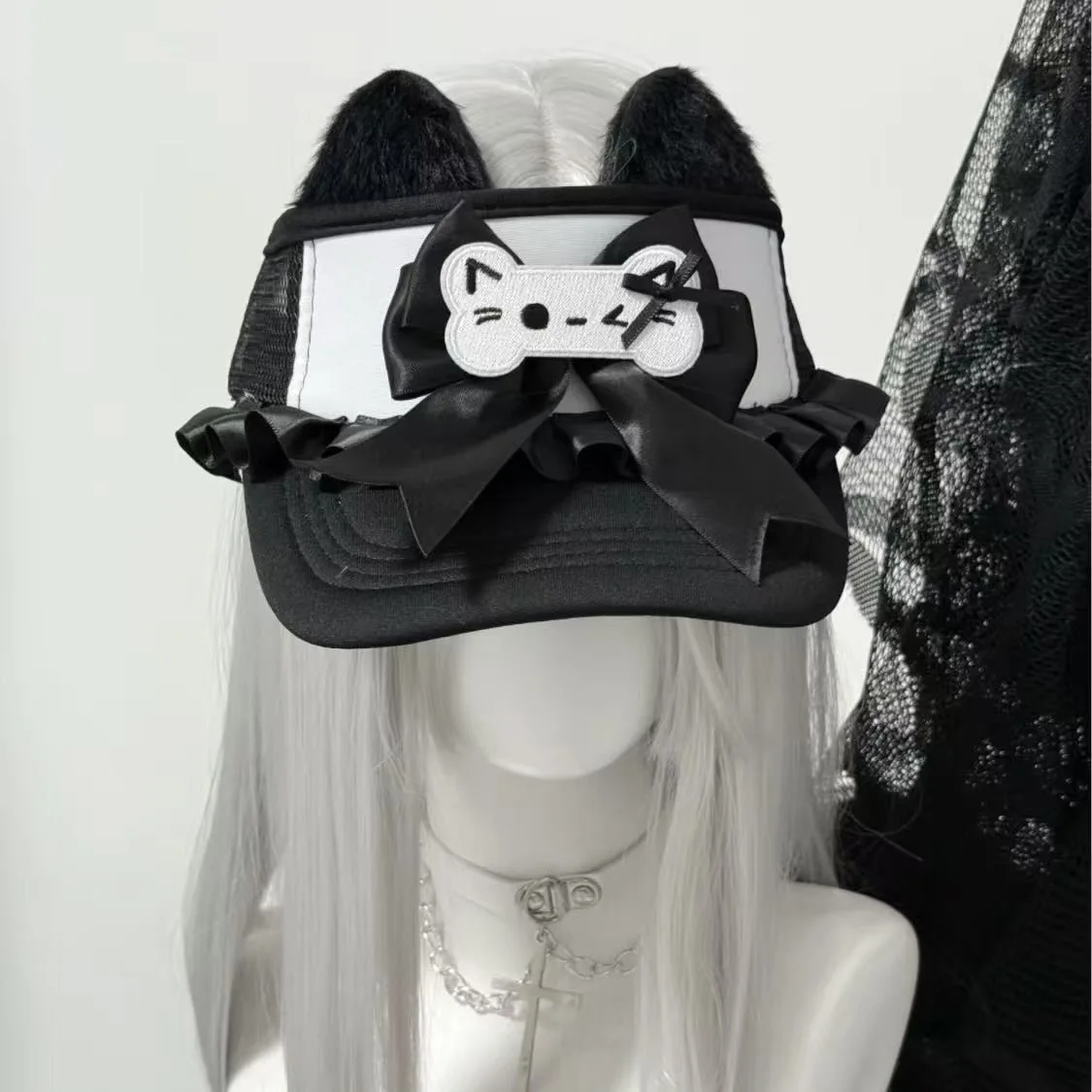 Женская кепка с козырьком для девочек, милая кепка с кошачьими ушками Y2K Girl Kaomoji Gothic Lolita Goth Harajuku, кружевная кепка с рюшами в стиле панк, милая шляпа от солнца в стиле Лолиты