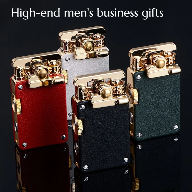 NEW Retro Alloy Grinding Wheel Anti-wind Lighter Rocker Ignition Engraved Cigarette Accessory Leather High-end Men's Gift