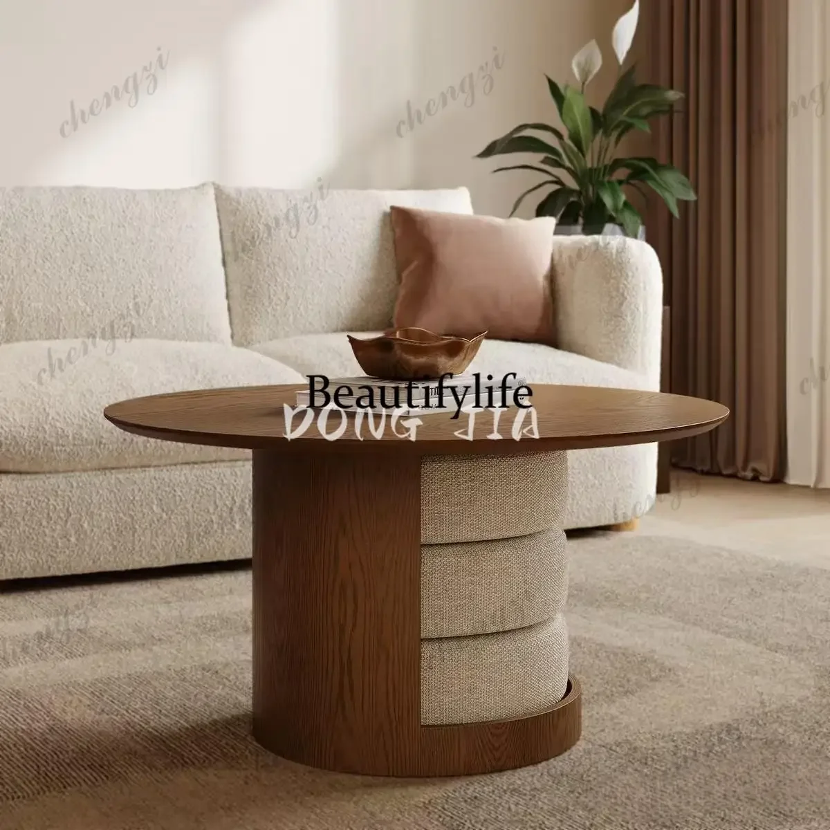 A55 Nordic simple solid wood coffee table small apartment Italian minimalist walnut rock slab retro style round coffee table