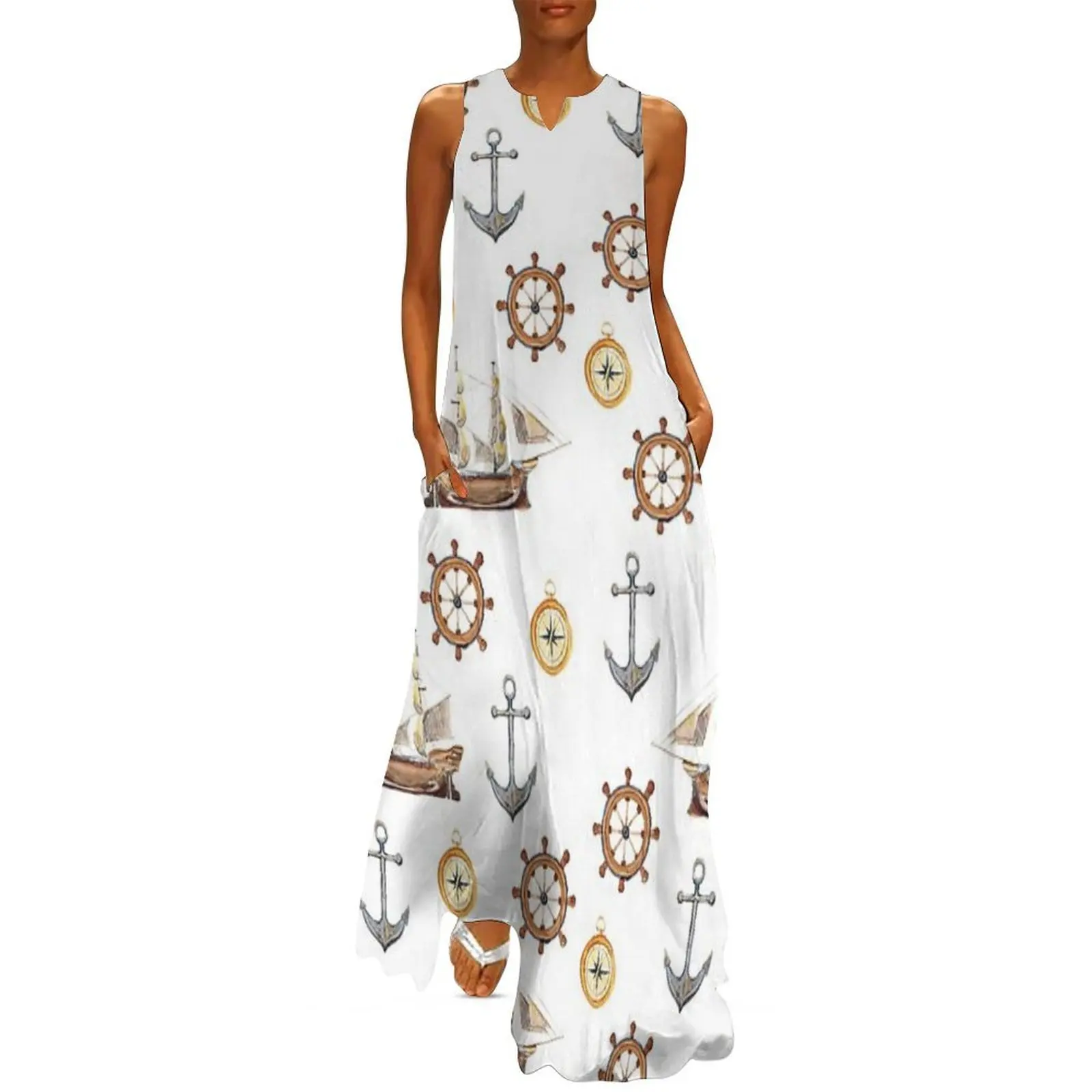 

Watercolor pattern of seafaring with ship, anchor, steering wheel and compass Long Dress Dress for pregnant women cute dress