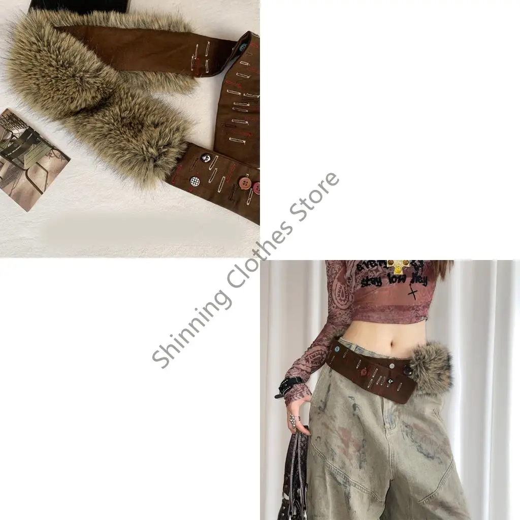 M68A Retro Waistband for Women Elegant Furred Belt with Luxurious Maillard Color