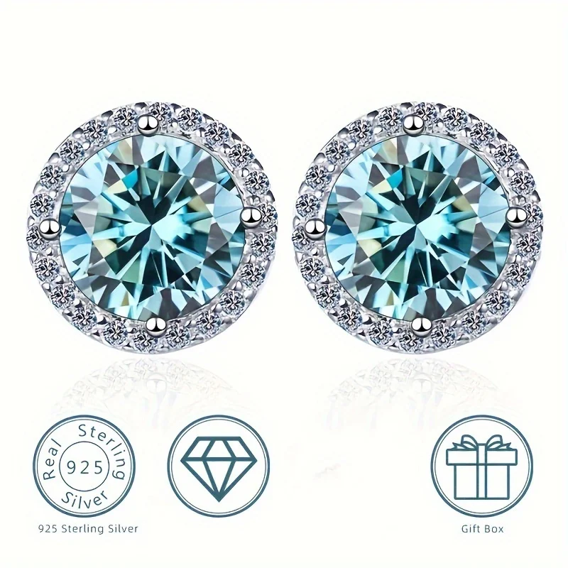 

1pair 0.5/1/2/3Carat Light Blue Moissanite Round Stud Earrings, Sparkling Fine Jewelry.