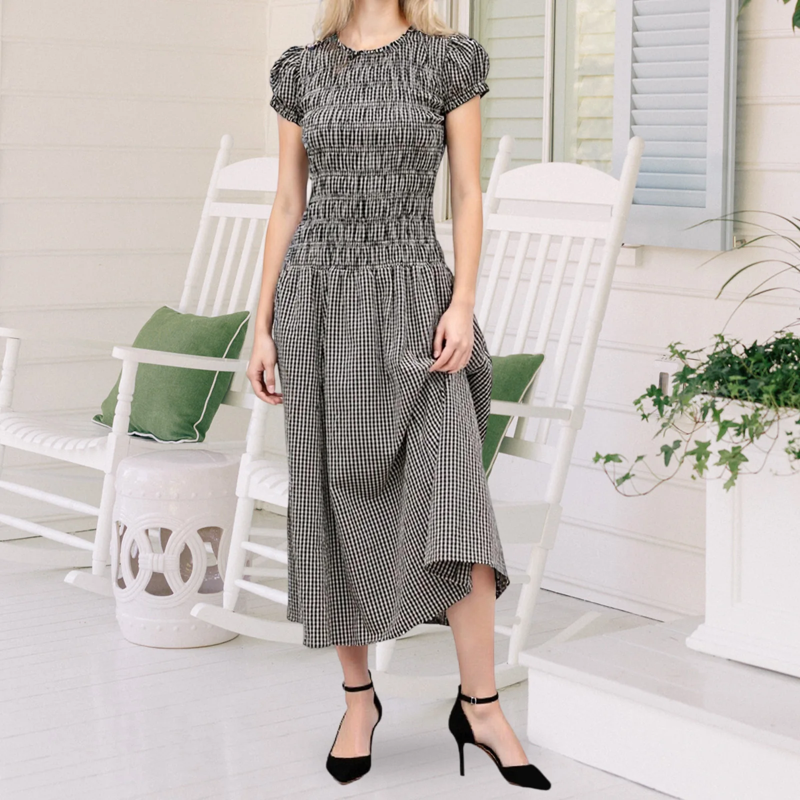 Robe longue à imprimé vichy pour femmes, manches courtes, col rond, smockée, mi-longue, printemps-été