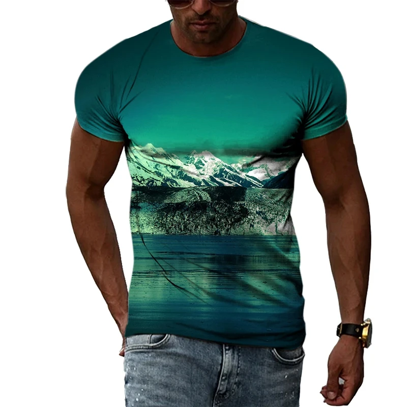 تي شيرت برسومات للمناظر الطبيعية للرجال والنساء ، مطبوع ثلاثي الأبعاد ، ملابس الشارع غير الرسمية ، قمم برقبة دائرية كبيرة ، جبال البحيرة ، الموضة #5