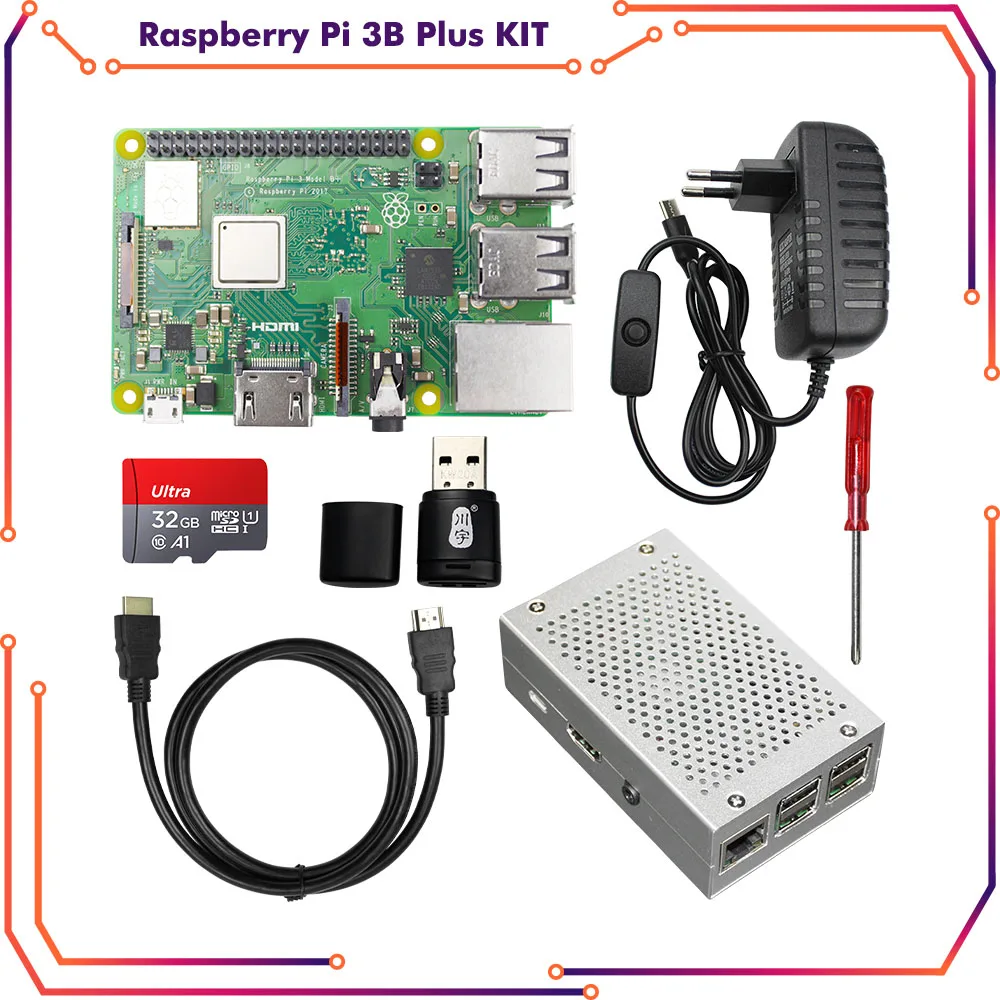 Original Raspberry Pi 3b Plus Kit with SD Card+Aluminum Case+3A Power with ON/OFF Switch+HDMI Cable for Raspberry Pi 3B Plus