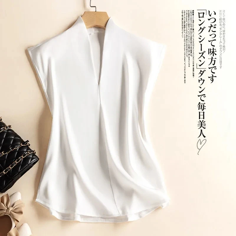 Coffee Silk Rayon V-Neck Pullover Sleeveless Casual Chic Women\'s Blouse Shirt Korean Fashion Female Clothing 2024 Summer