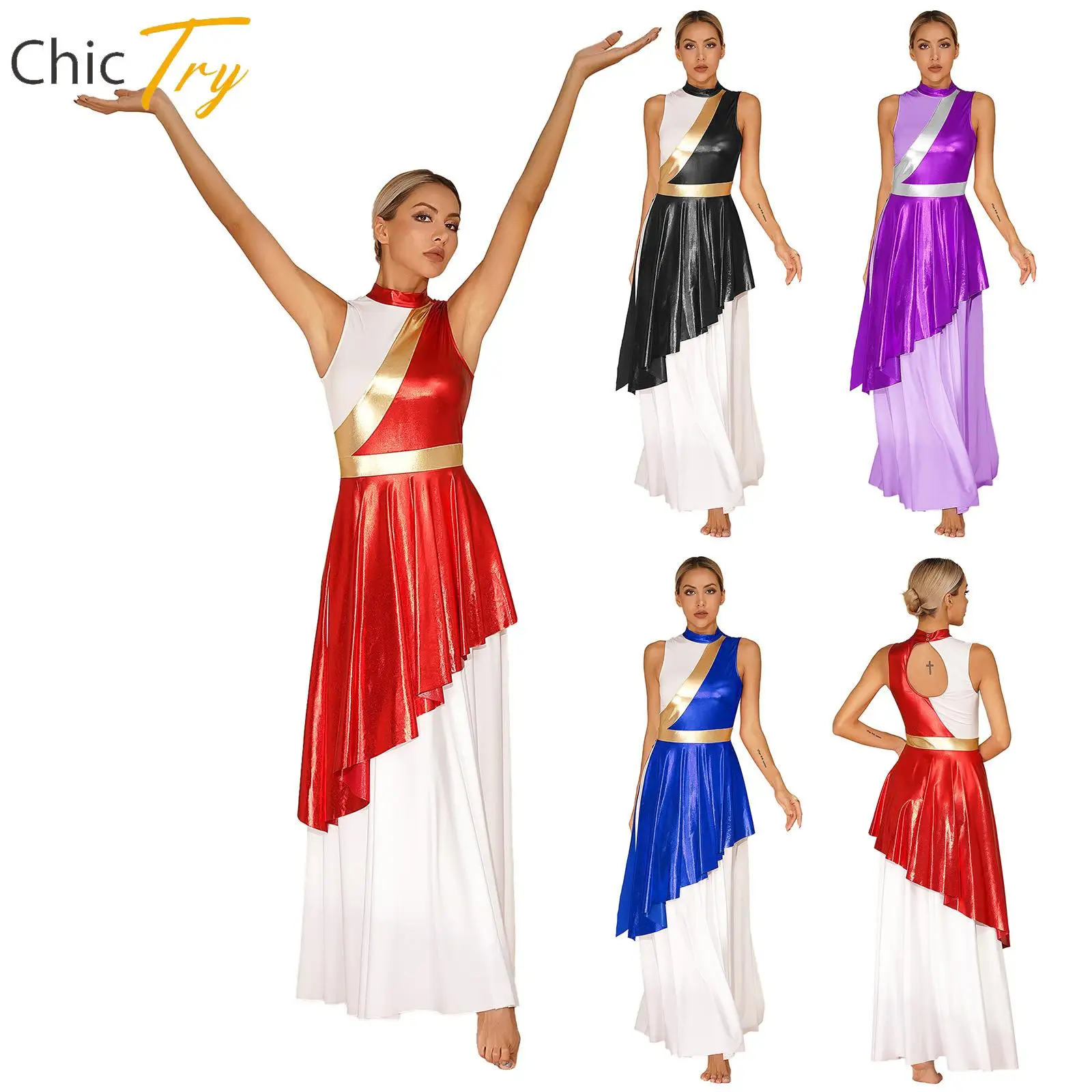 Womens Praise Dance Performance Costume Contrast Color Patchwork Sleeveless Dress Keyhole Back Mock Neck Dresses Dancewear