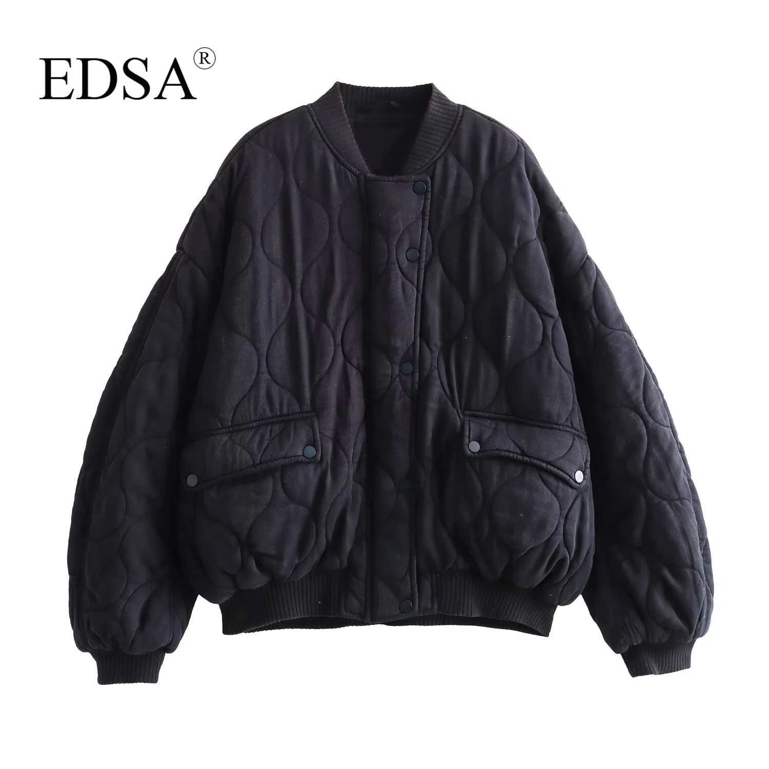 EDSA Women Oversized Quilted Bomber Jackets Thick Warm Coat Long Sleeve Snap-Button Female Outerwear Chic Tops