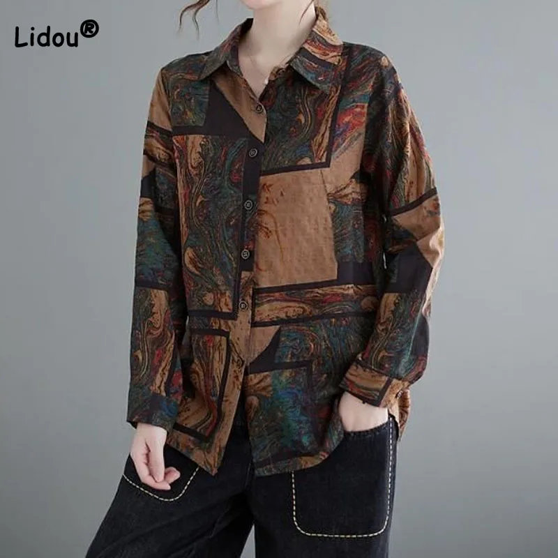 Women\'s Long Sleeve Vintage Color Painting Printed Shirt Fashion Korean Polo-Neck Single-breasted Loose Blouse Female Clothing