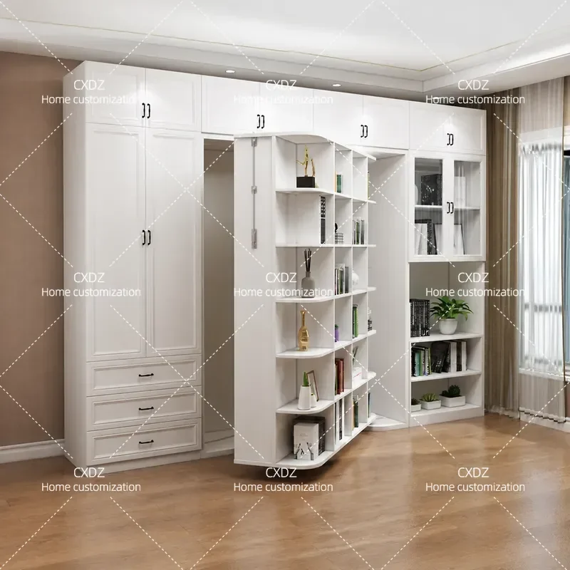 Rotating Desk Cabinet with Flip Bed Invisible Folding Wall Bed Bookcase Combination Multifunctional Hidden Space Saving