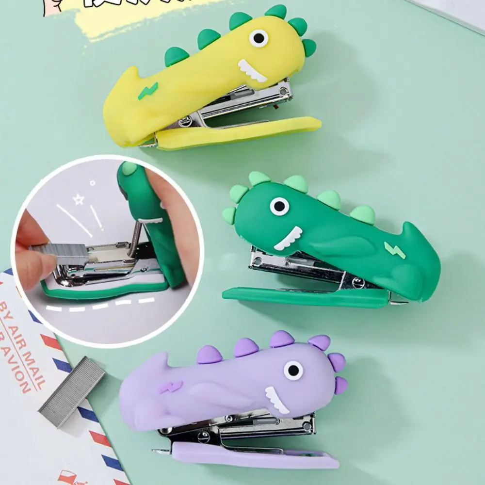 Mini grampeador de dinossauro de desenho animado, grampeador portátil decorativo, ferramenta de grampeamento de papel de silicone para papelaria de mesa