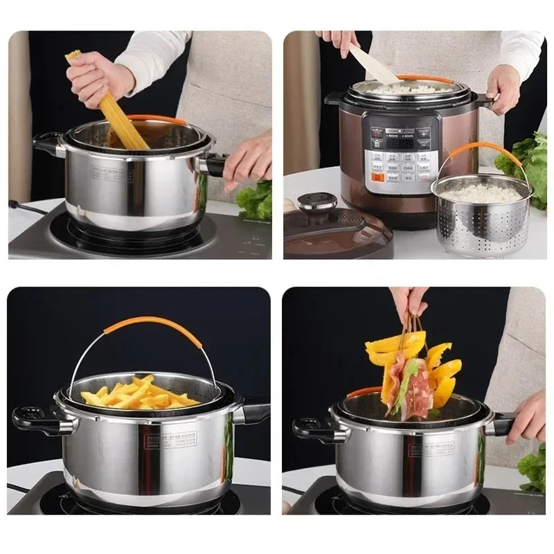 3/6/8L Stainless Steel Kitchen Steam Basket Pressure Cooker Anti-scald Steamer Multi-Function Drain Basket Silicone Handle Tools