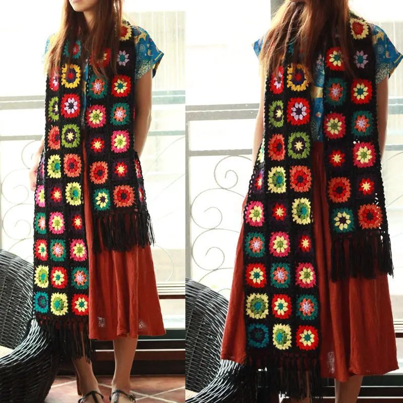 Fugusen women Sen scarves handmade women hollowed-out artistic style printed wool shawl tassel rectangular scarf female tops