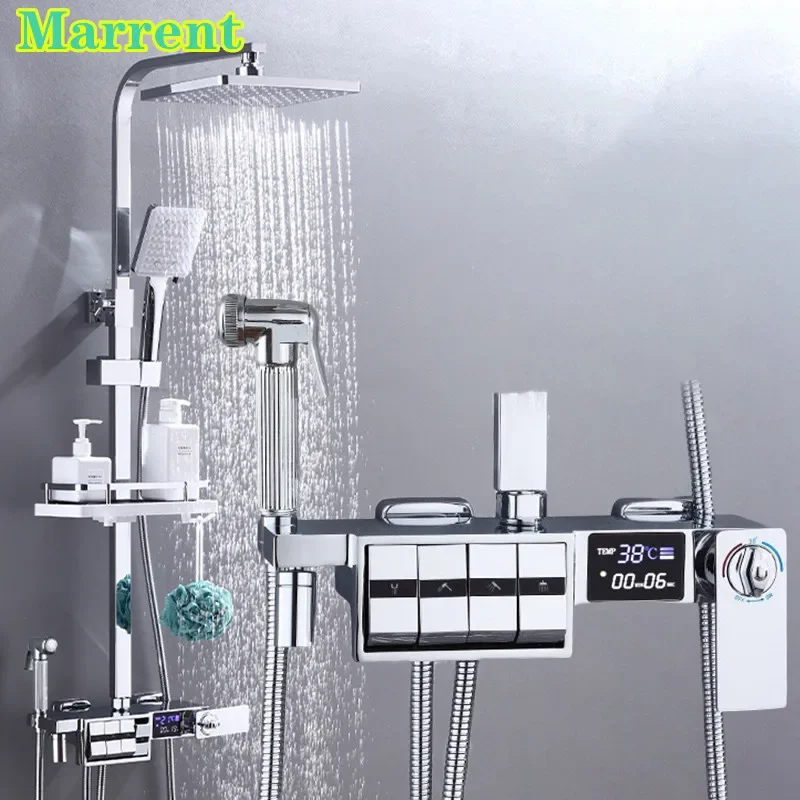 Chrome Piano Thermostatic Shower Set Quality Brass Bathroom Faucets Tap Luxury Hot Cold Rainfall Digital Piano Shower System Set