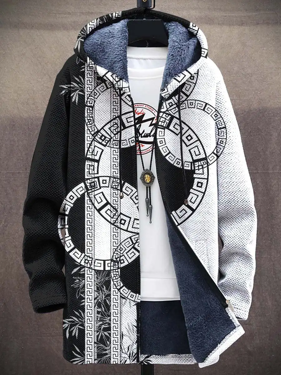 

Black And White Art Pattern 3D Printed Men's Plush Thick Long-Sleeved Sweater Cardigan Coat Winter Warm Zipper Jacket HRD13