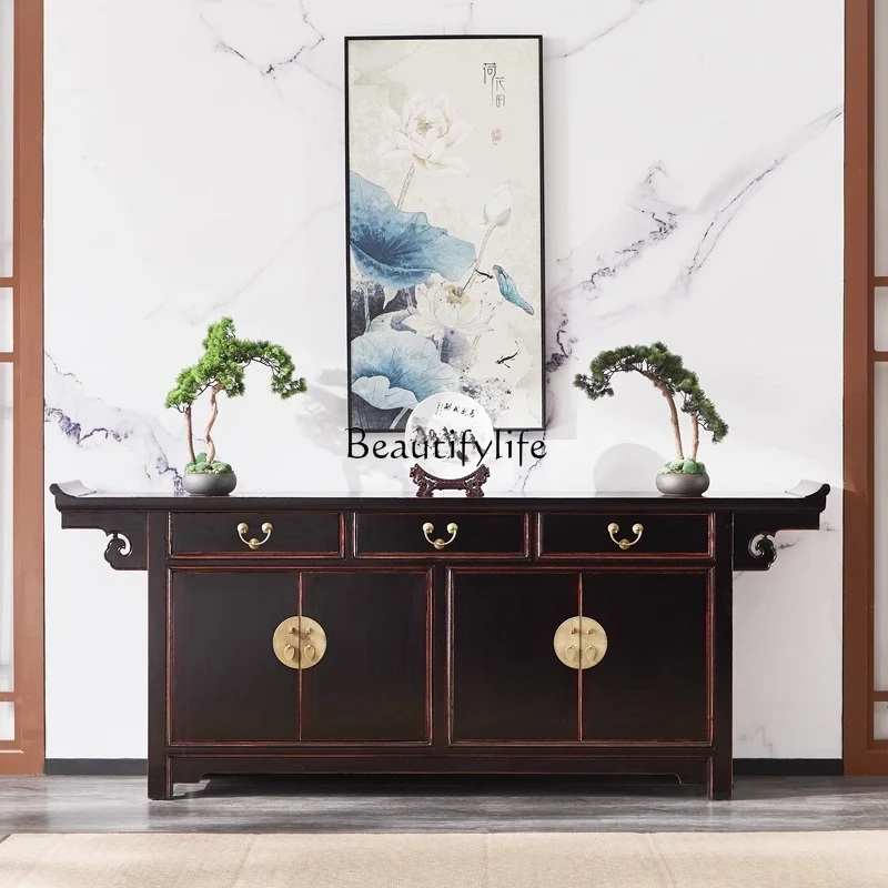 1New Chinese-style antique door cabinet, old elm warped head four doors, dining side storage, solid wood, classical shoe cabinet