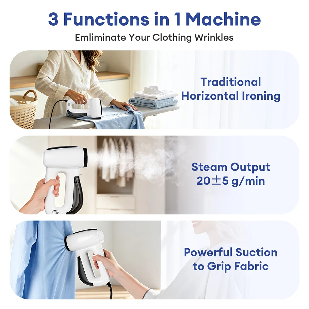 3 In1 Handheld Garment Steamer Dry Ironing Hanging Steam Vacuum Suction Iron Clothes Wrinkle Remover Fast Heating Travel Steamer