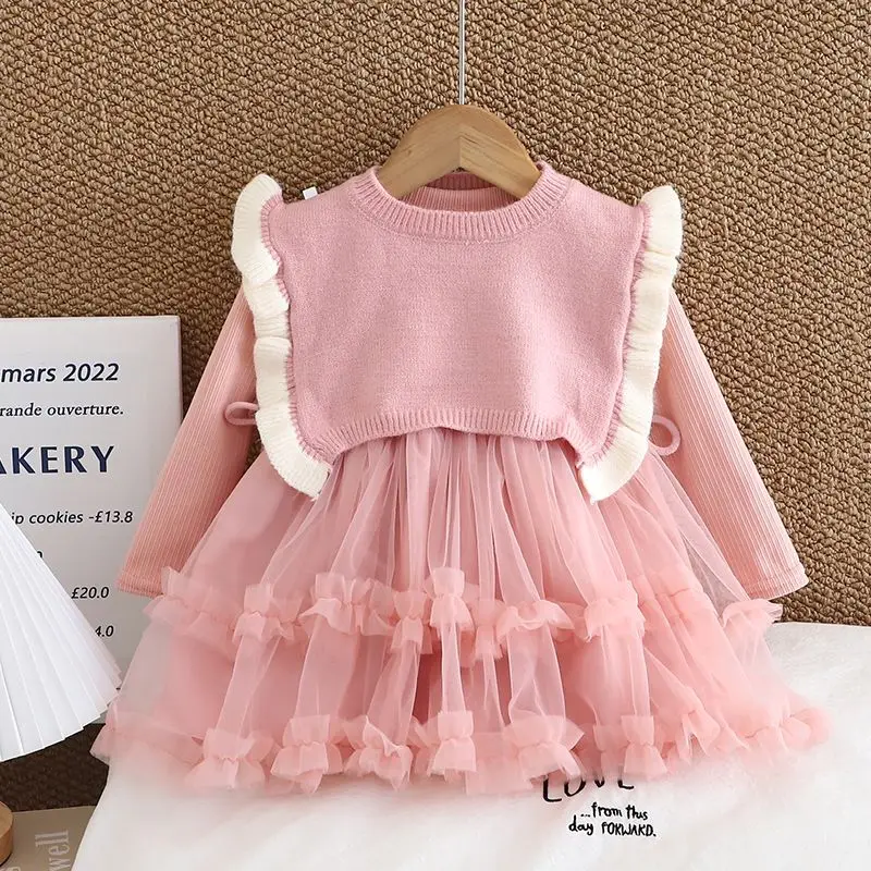 

Girls' Sweet Princess Knitted Vest Skirt Two piece Set New Autumn Children's Baby Daily Casual Set Dress