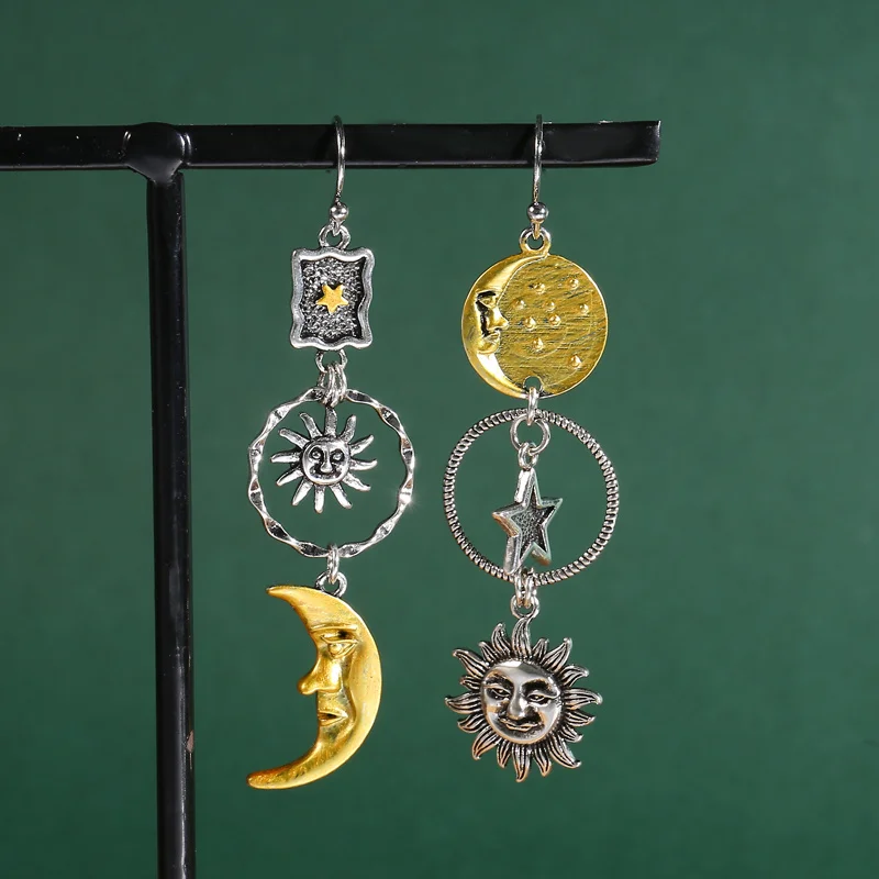 Greek Mythology Face Sun Moon Pendant Creative Design Women\'s Asymmetric Personality Pendant Earrings Party Gift Custom Jewelry
