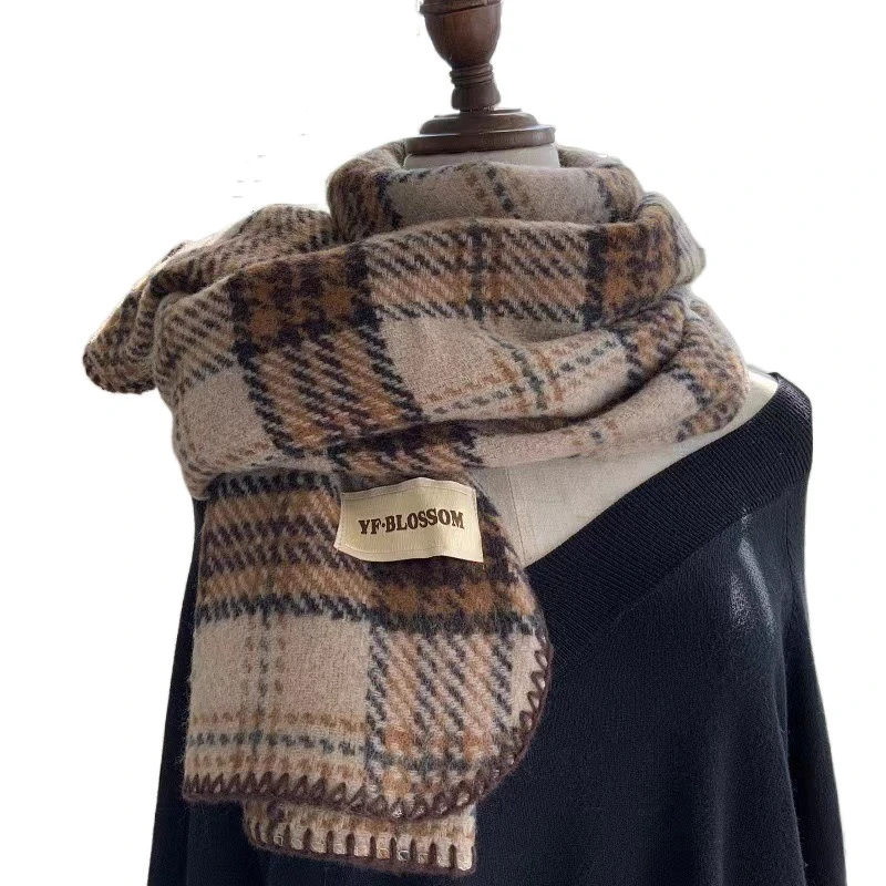 

Retro Plush Red Plaid Scarf Thick Warm Cashmere Scarves Windproof Korean Style Long Shawl Student