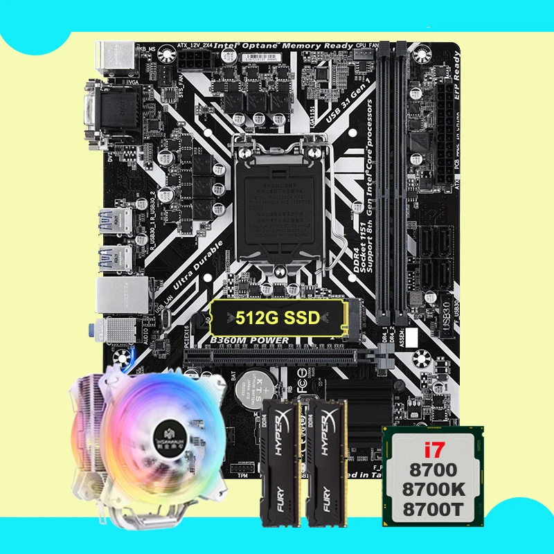 B360 LGA1151 Motherboard with 512G M.2 NVMe SSD Processor Core i7 8700 8700K 4 Tubes CPU Cooler Brand RAM 2*8G 16G DDR4 Memory