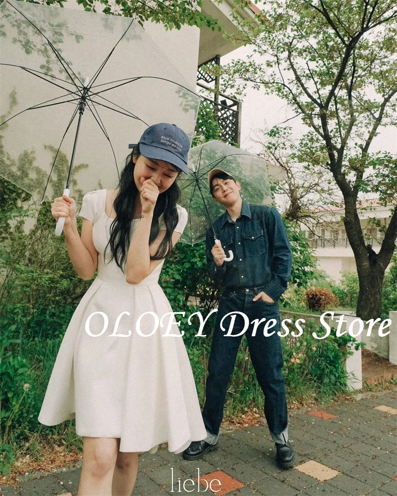 OLOEY Short Sleeves Square Neck Short Wedding party Dresses Korea Photo shoot Bride Gowns Mini Satin Bride Receiption Customize