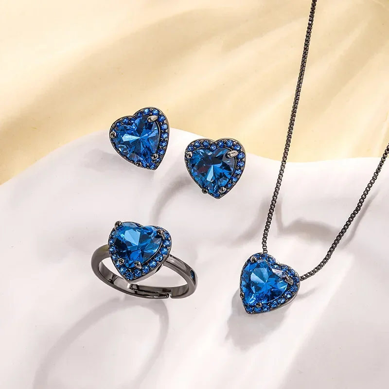 

Vintage Inspired Heart Shaped Blue Crystals Gem Jewelry Stunning Pendant Necklace Earrings Adjustable Ring for Women Jewelry