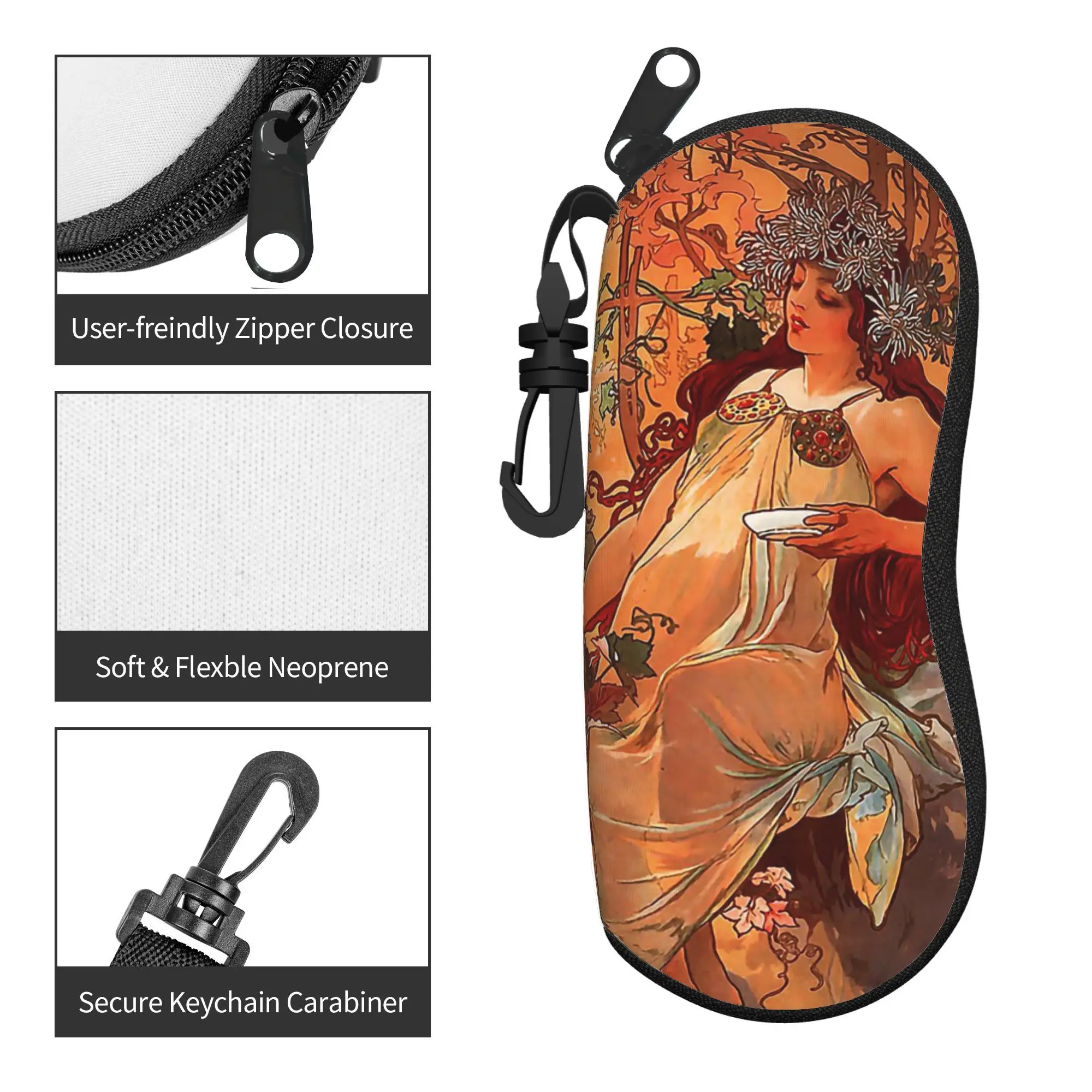 Alphonse Mucha Art Nouveau Glasses Case Unisex Printing Zipper Retro Beauty Women Eyewear Protector Vintage Glasses Box