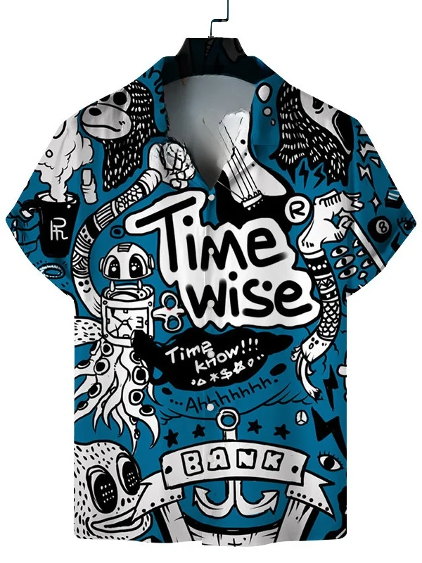 

Мужская повседневная рубашка с коротким рукавом, однобортная, с отложным воротником, приталенного кроя, с принтом, из полиэстера, в европейском стиле, без карманов