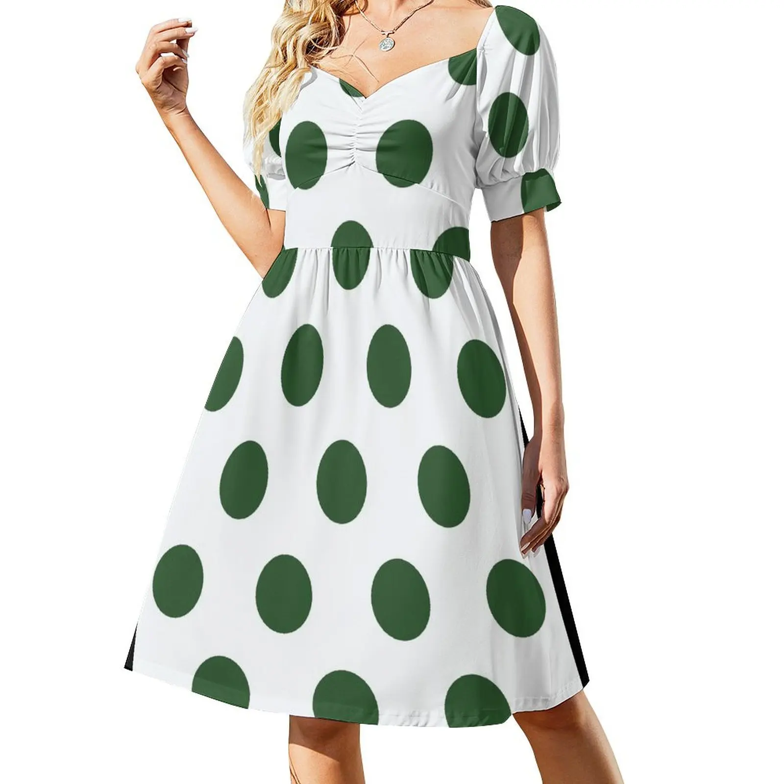 

Large PINE GREEN and WHITE POLKA DOTS Short Sleeved Dress women's evening dresses cute dress summer dress daily