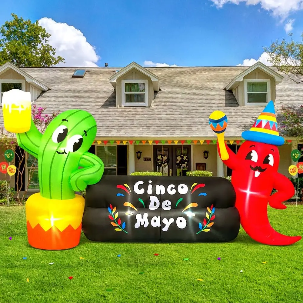 KOOY 8 pies De largo Cinco De Mayo inflables Cactus Chili decoraciones al aire libre, fiesta mexicana 5 de mayo Taco Sombreros gafas con luz F