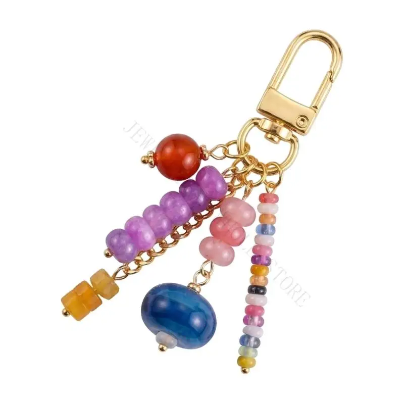 R7UF Decorative Bag Charm Keychain with Bead Strands and Gold Tone Hardware